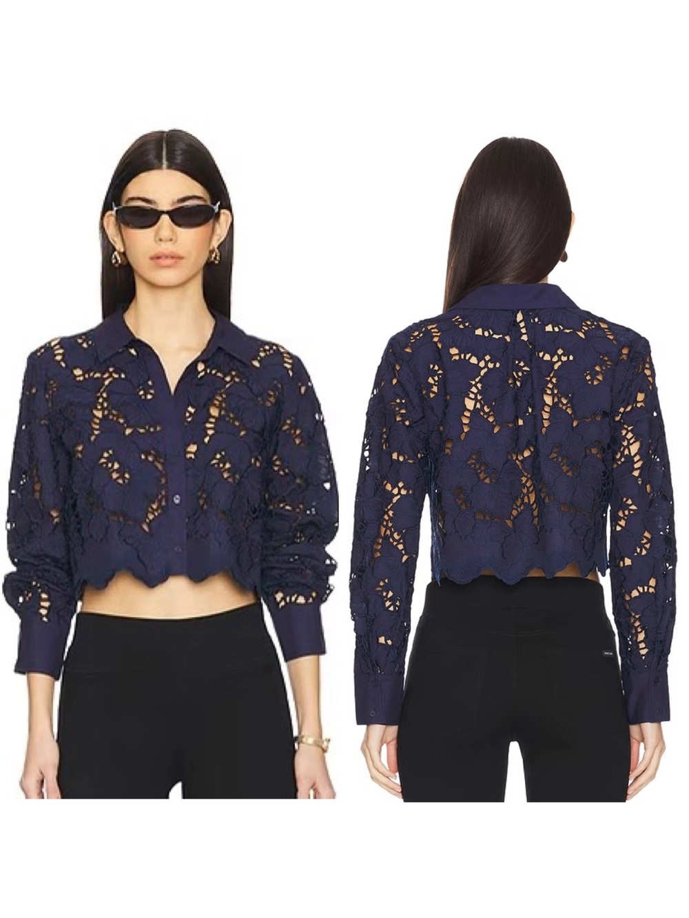 L'AGENCE Navy Floral Lace Cropped Blouse